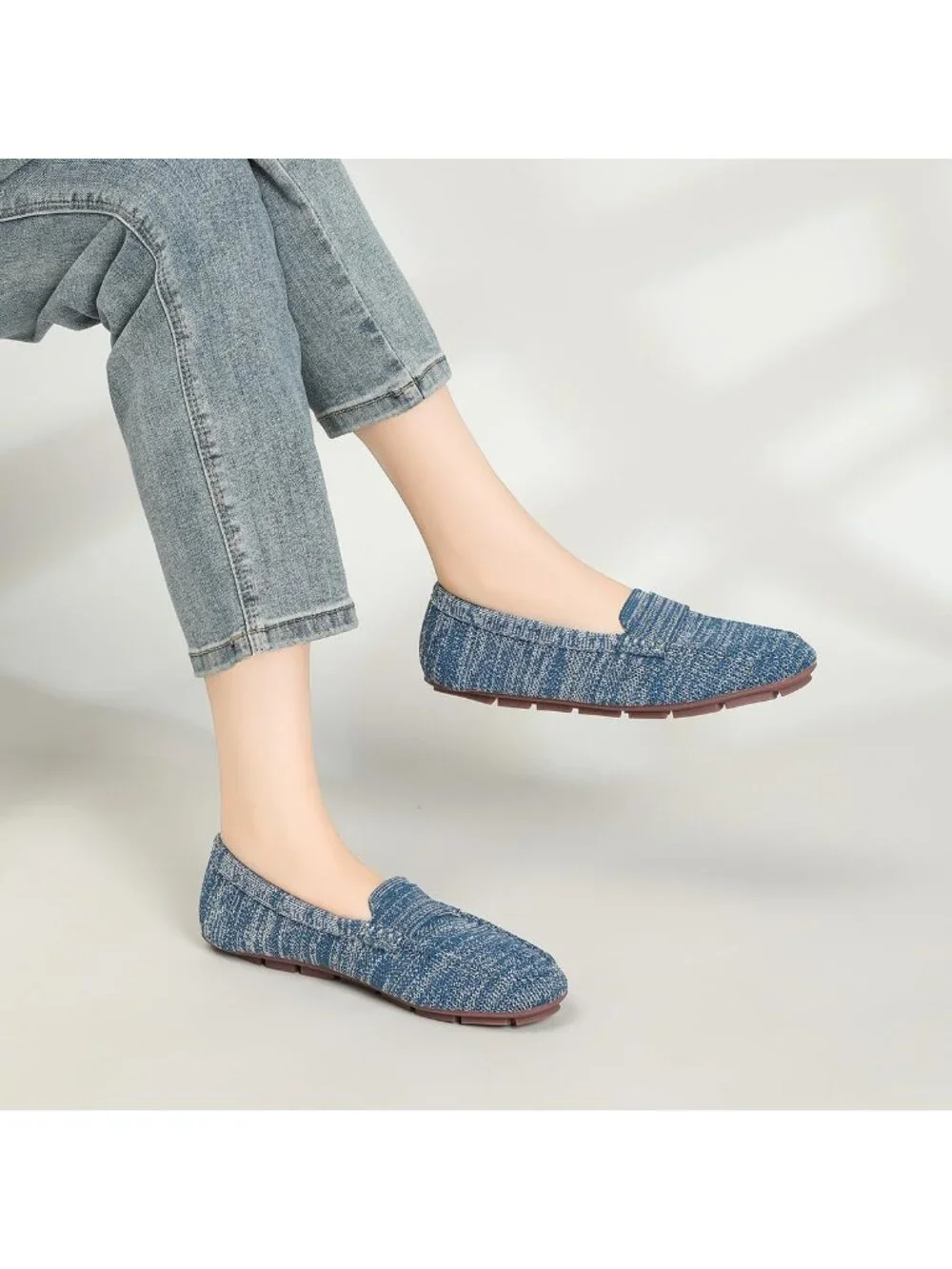 🆕Women's Cow Blue Lightweight Knitted Loafers Casual Flat Shoes Comfortable